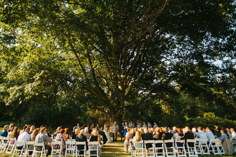 wide shot of entire wedding and big tree at Chimney Hill Estate wedding ceremony in Lambertville NJ by Kasey Ivan Photography