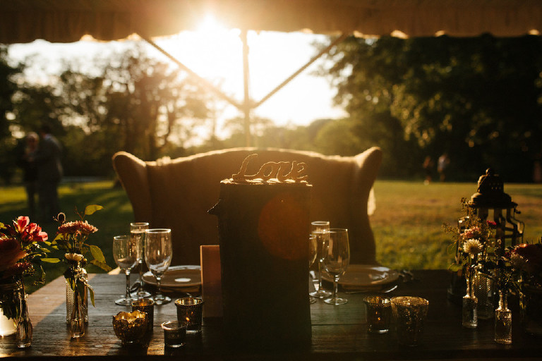sunset rustic decorations nature filled at Chimney Hill Estate wedding reception in Lambertville by Kasey Ivan Photography