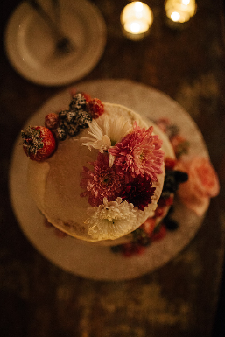 top view of rustic naked wedding cake Chimney Hill Estate wedding reception by Kasey Ivan Photography