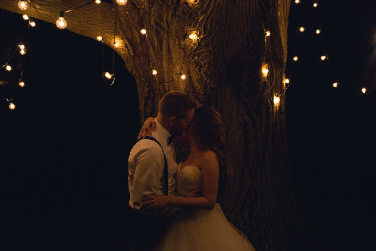 bride and groom kiss at night under lights in tree at Chimney Hill Estate in Lambertville NJ by Kasey Ivan Photography