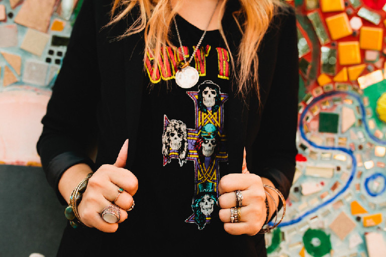 close up of rock and roll outfit in downtown Philadelphia for senior photos by Kasey Ivan Photography