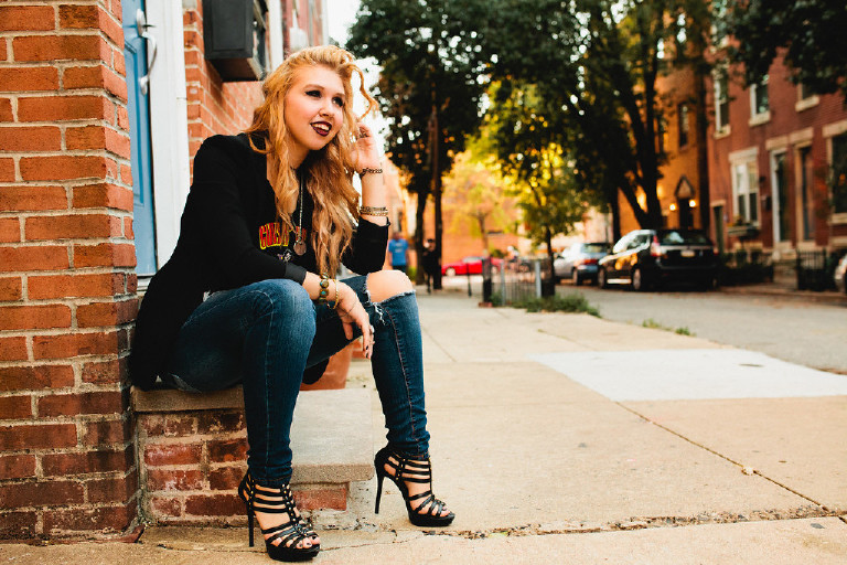 fashion rock and roll icon Kassi in downtown Philadelphia for senior photos by Kasey Ivan Photography