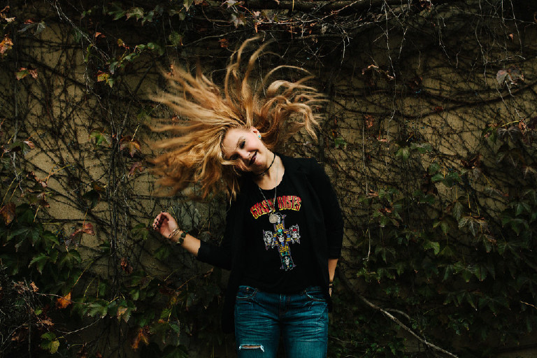 rock and roll hair in downtown Philadelphia for senior photos by Kasey Ivan Photography