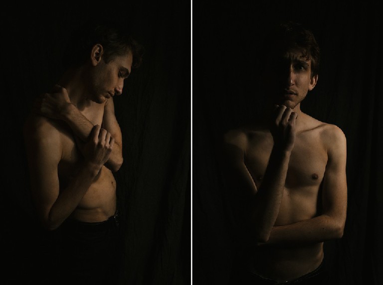 shirtless male model in dramatic light by New Hope and Lambertville photographer Kasey Ivan