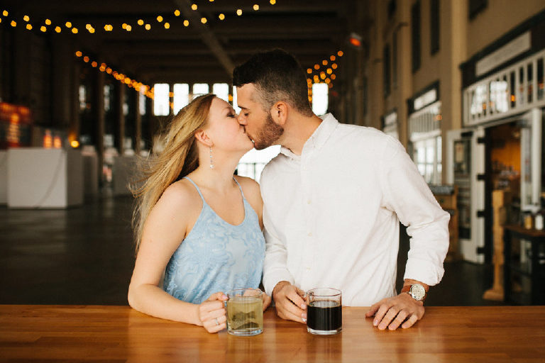 Coffee and kiss engagement photos at Asbury Park NJ by Kasey Ivan Photography