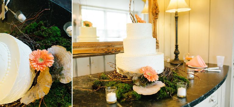 beautiful rustic wedding cake with flowers and green moss at 1740 House outside New Hope PA by Kasey Ivan Photography