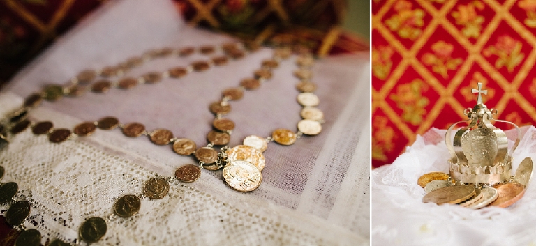 traditional Filipino and Pinoy wedding traditions of coins arrhae and the yugal placed on a regal chair before wedding in Delaware River Valley by Kasey Ivan Photography