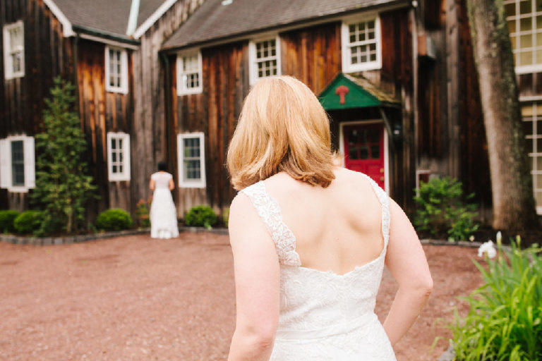 Bride sneaks up on fiance in same sex lesbian wedding at the 1740 House in New Hope PA