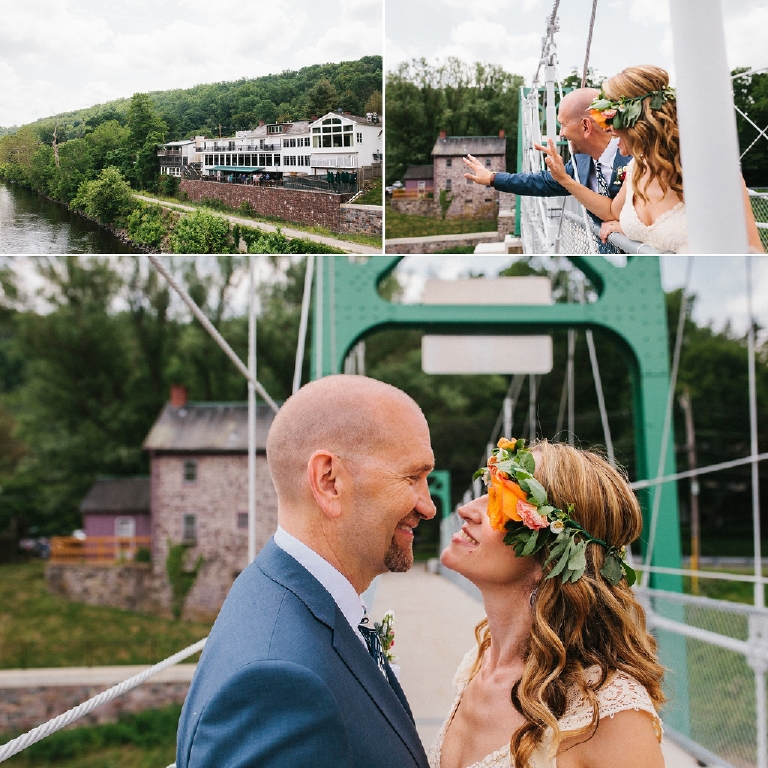 collage of wedding images of bride and groom on the Lumberville foot bridge near the Black Bass Hotel
