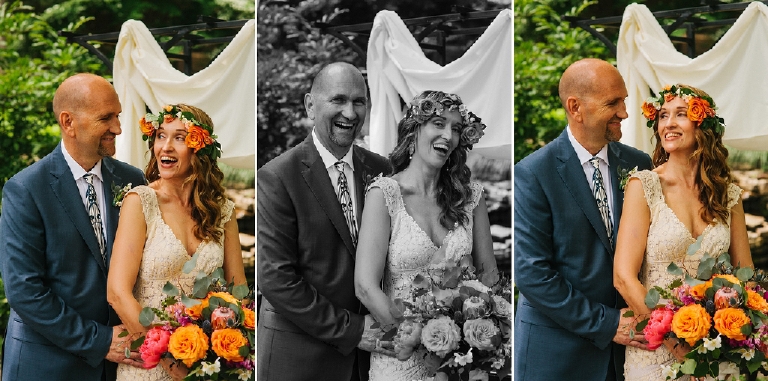 three photos collage of bride and groom posing for summer wedding portraits in the woods by Kasey Ivan Photography outside the Black Bass Hotel near New Hope PA