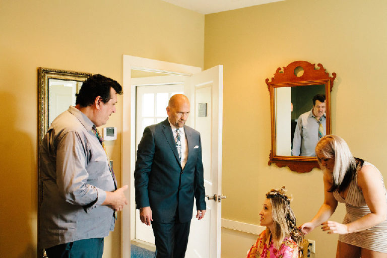 bride and groom speak before their wedding at the Black Bass Hotel outside New Hope PA
