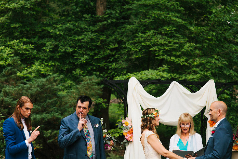 shushing a guest during wedding at the Black Bass Hotel 