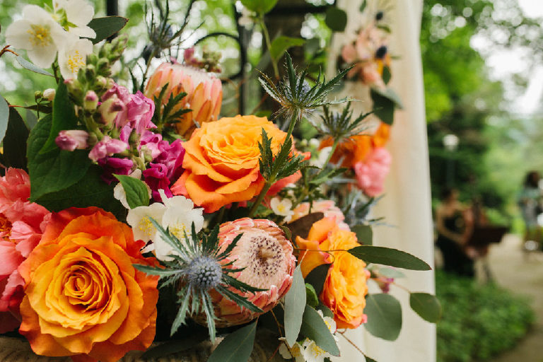 large summer bouquet with thistles and roses by Lauren Kiernan of Flora in Lambertville, NJ