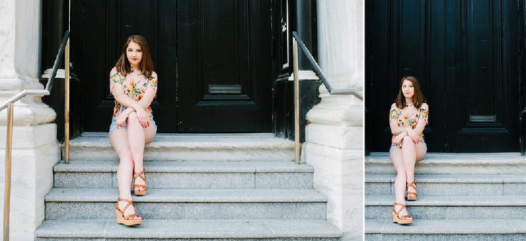 A collage of a senior girl sitting on the steps of a black and white building posing for a photography in old city Philadelphia