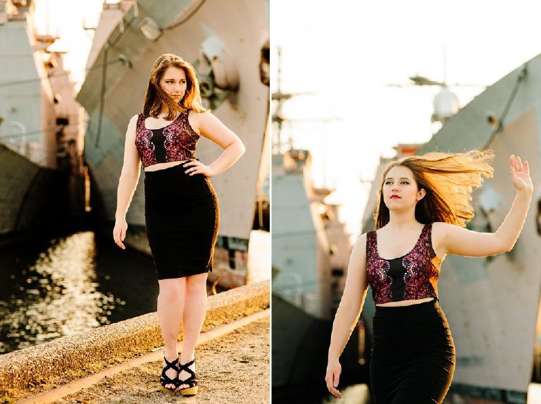 Collage of a senior girl flipping hair and being powerful at the navy shipyard in philadelphia
