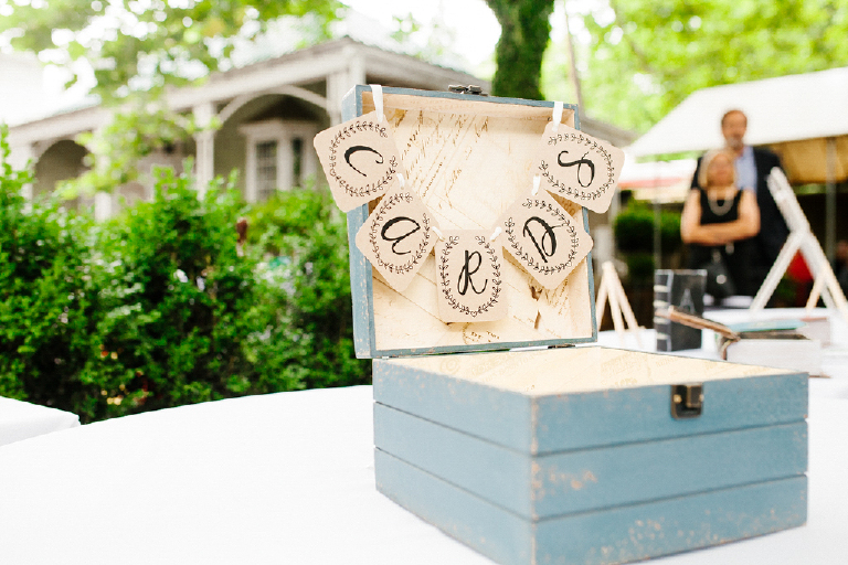 Picture of a blue rustic box to hold cards and gifts at a wedding at Hamiltons Grill Room Lambertville