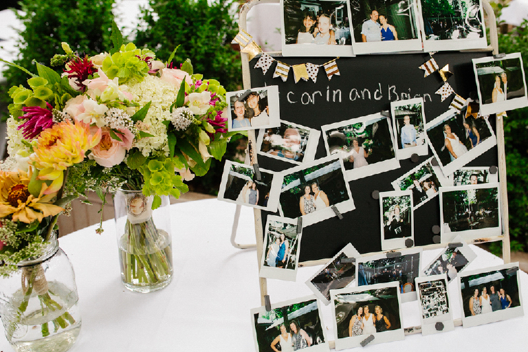 Picture of colorful flowers and chalkboard with polaroid images at Hamilton's Grillroom Lambertville New Hope
