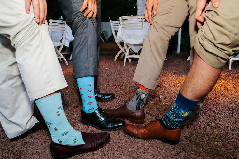 Picture of groomsmen wearing fun colorful socks at friends wedding at Hamilton's Grillroom Lambertville New Hope