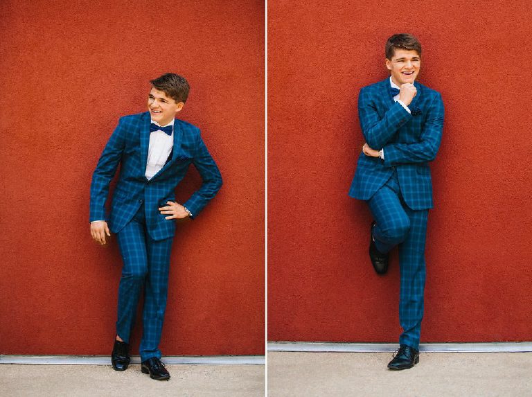 collage of senior photos in blue suit tux in front of red wall at the Michener Museum in Doylestown Pennsylvania by portrait photographer Kasey Ivan Photography