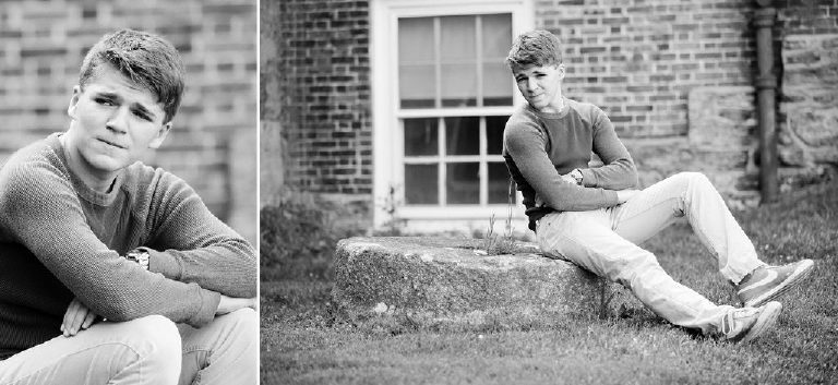 high school senior boy poses on stone outside Mercer Museum in Doylestown PA by Kasey Ivan Photography