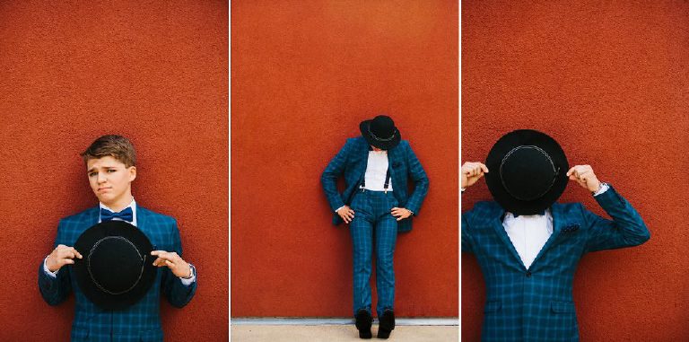 collage of photos taken from high school senior pictures shoot wearing a blue suit against a red wall with a black felt hat by photographer Kasey Ivan of Doylestown