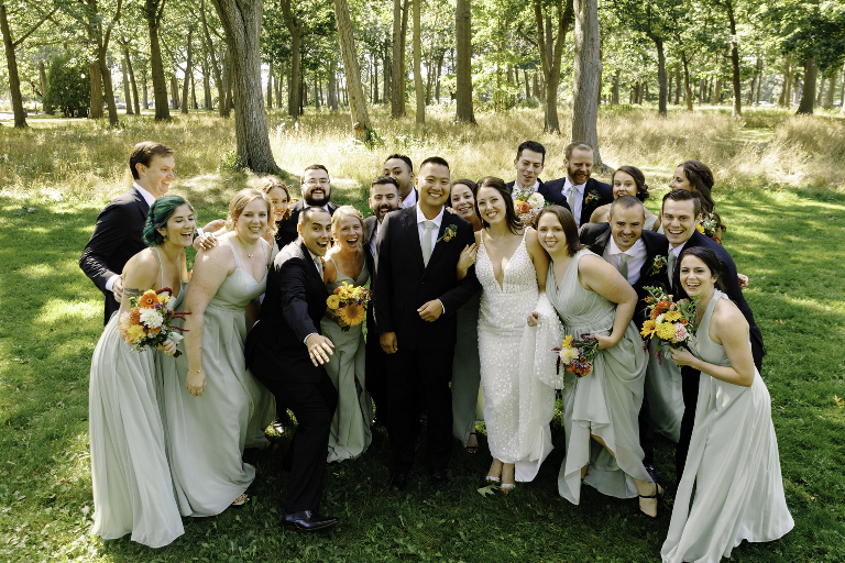 Large bridal party wedding photos at Deering Oaks Park in Portland Maine