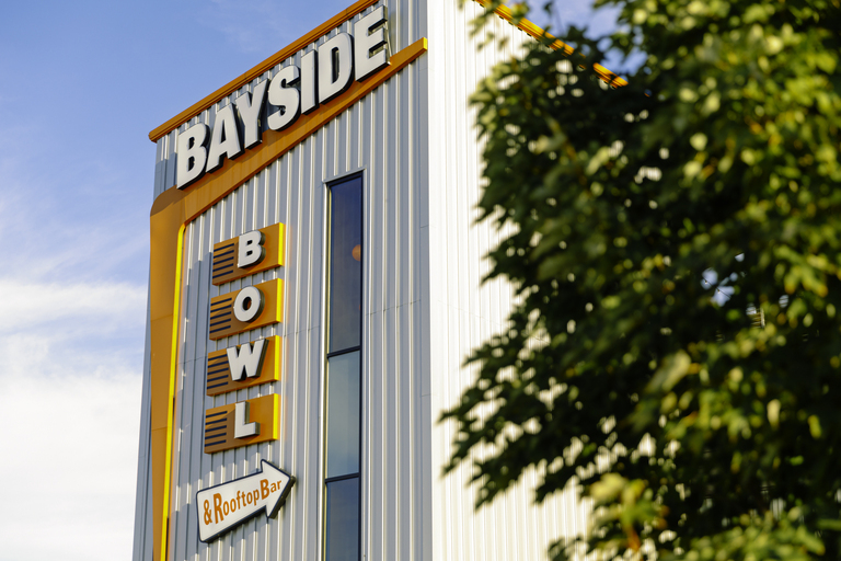 Exterior shot of Bayside Bowl in Portland Maine for a fall wedding