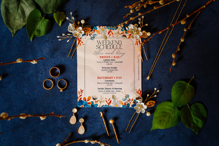 Tarry A While Resort wedding photo lay flat design incorporating details and wedding schedule