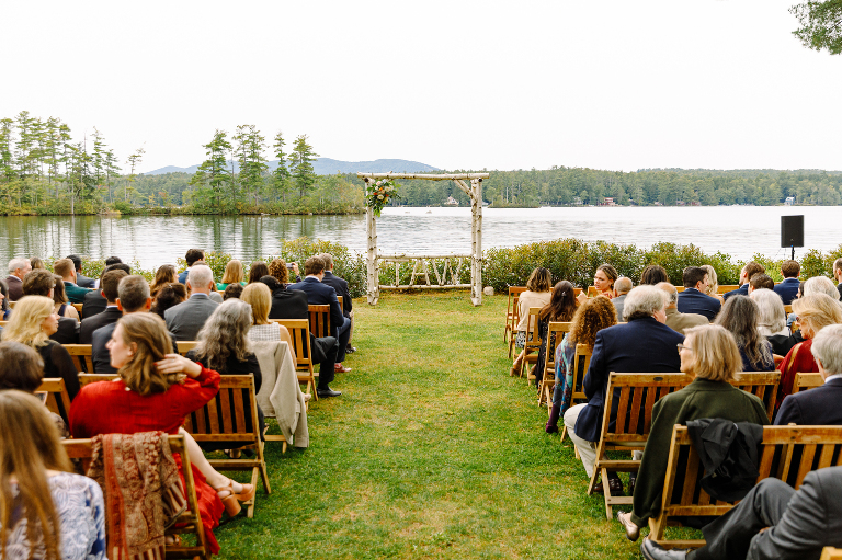 Lakeside ceremony space right before a fall wedding at the Tarry A While Resort in Bridgton Maine.
