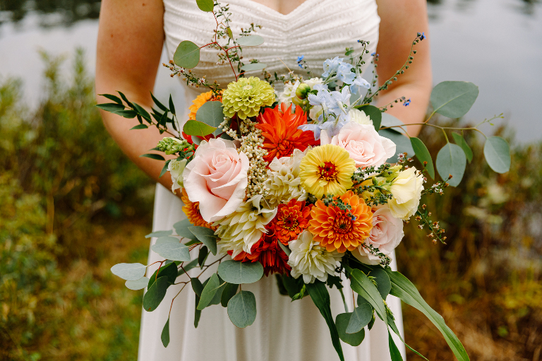 Fall bridal bouquet by Good Buddy Farm Florals at the Tarry A While Resort in Bridgton Maine